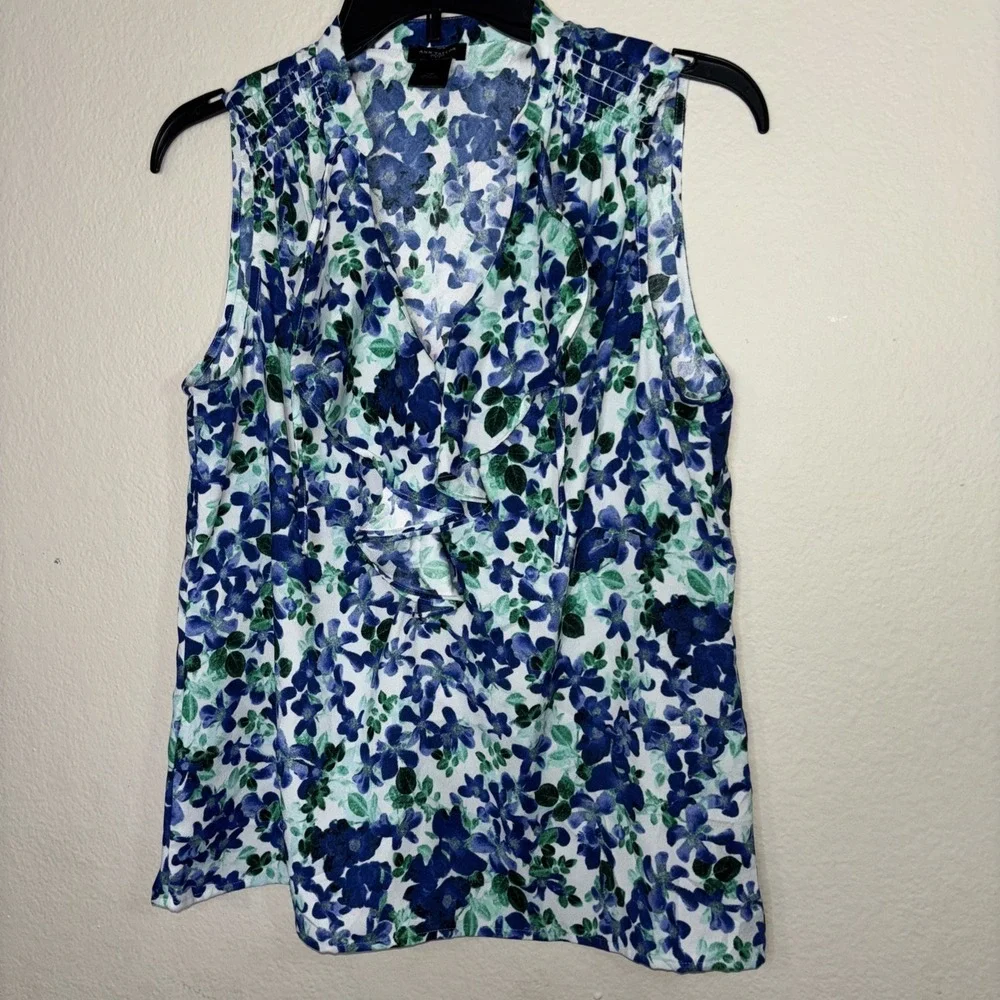 ANN TAYLOR Blouse Sleeveless Green/Blue V-neck Ruffle Front Top Medium Petite - Picture 4 of 5